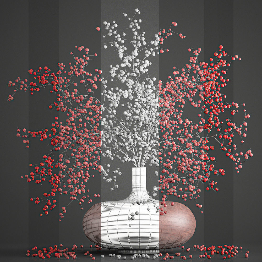 Decorative bouquet of branches with red berries in a vase 97 3D model_6