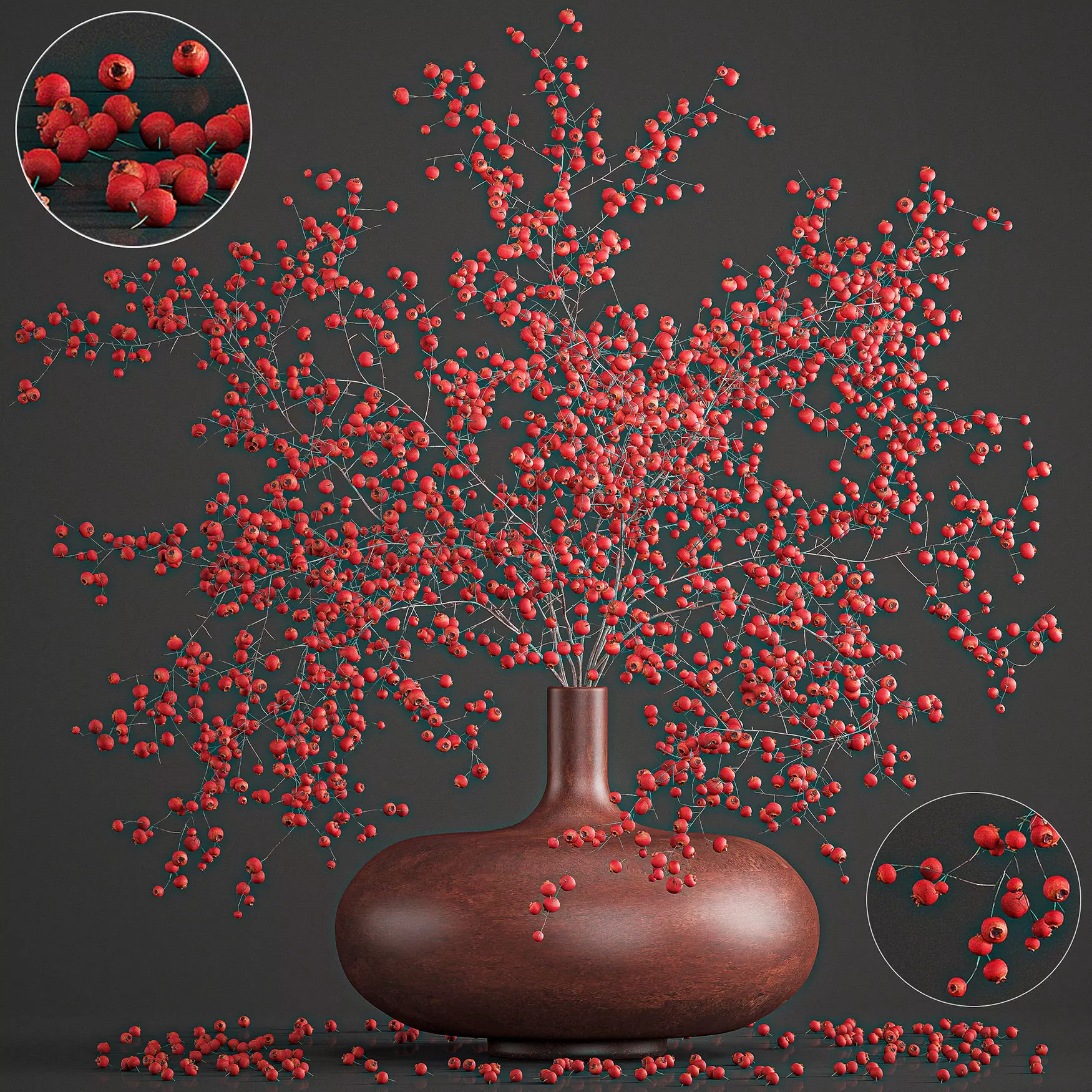 Decorative bouquet of branches with red berries in a vase 97 3D model_0
