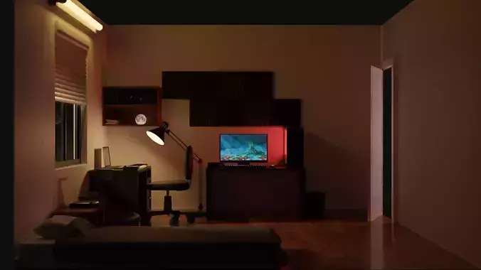 Bedroom room with desk and lamp