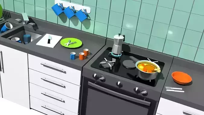 Lowpoly kitchen with stove and sink