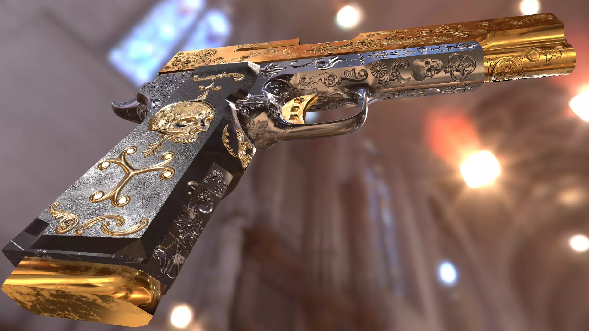 Pistol Gun Engraved Low-poly 3D model PBR glFT Low-poly 3D model