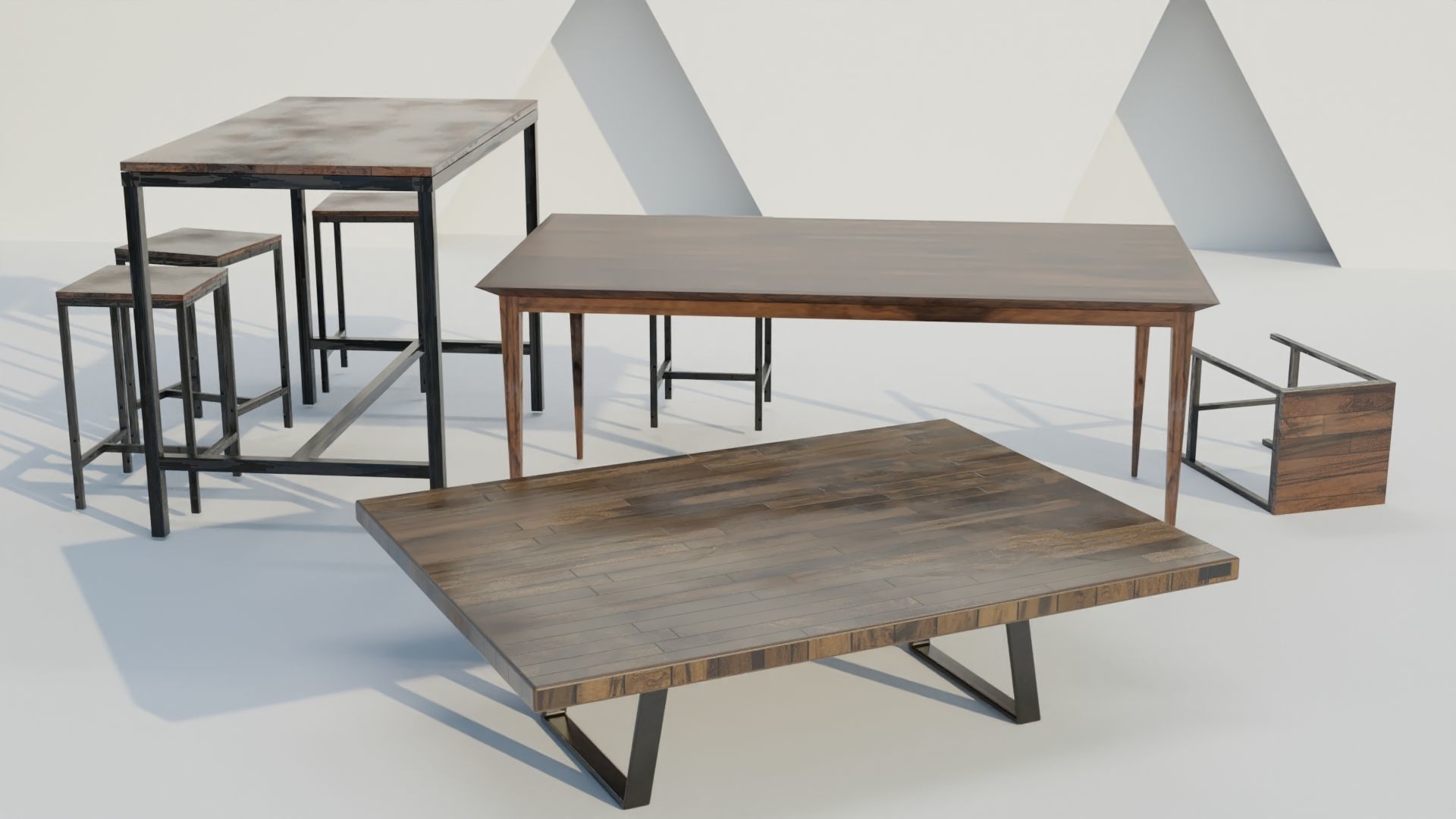Interior and exterior wooden tables and stools 3d models Low-poly 3D model_3