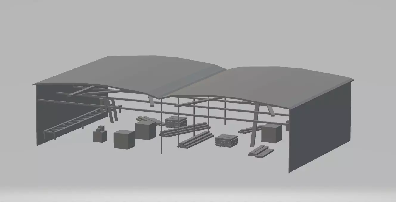 Low Poly Sawmill industrial warehouse with roof Low-poly 3D model