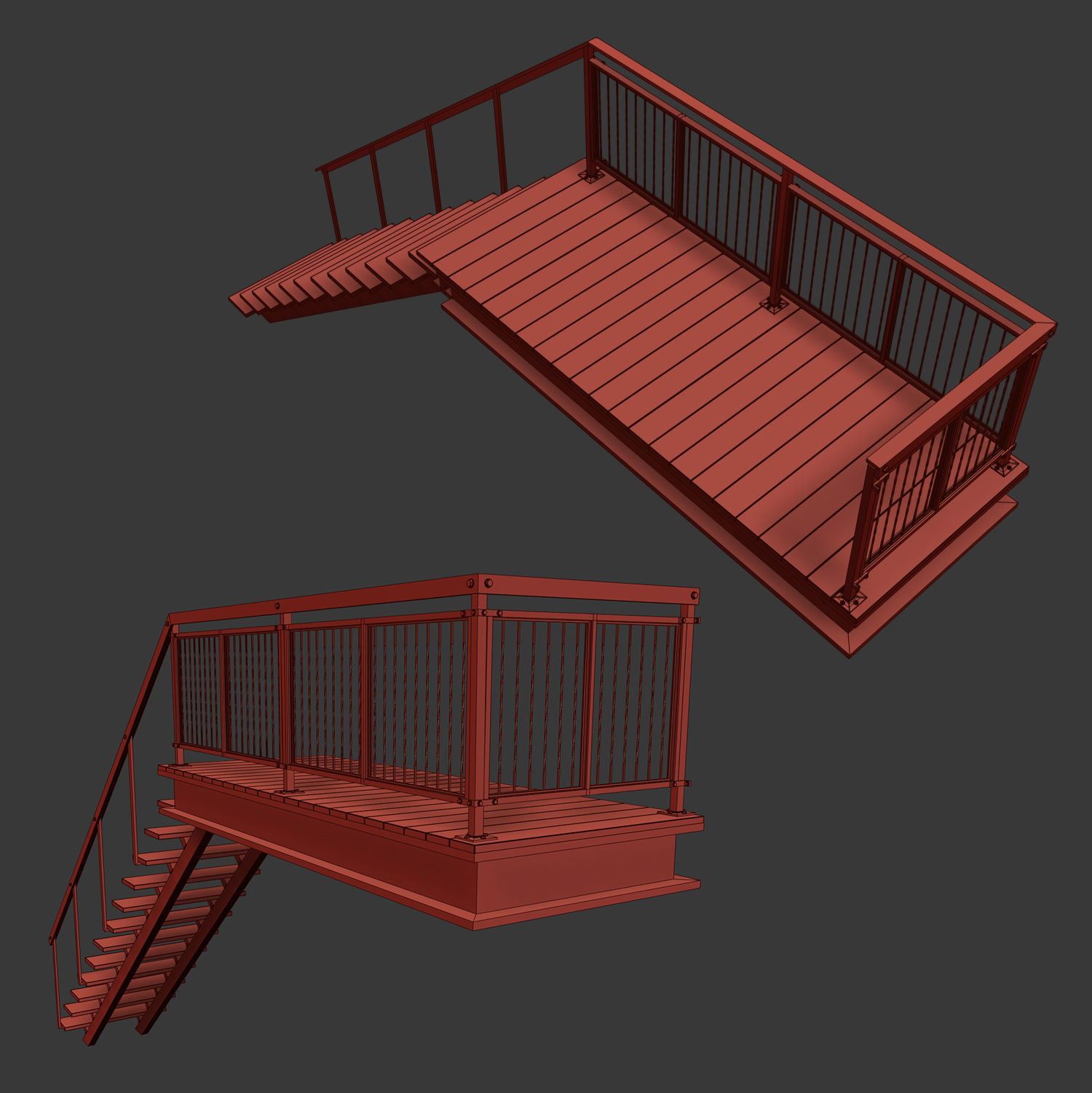 Metal stair with railing Low-poly 3D model_5