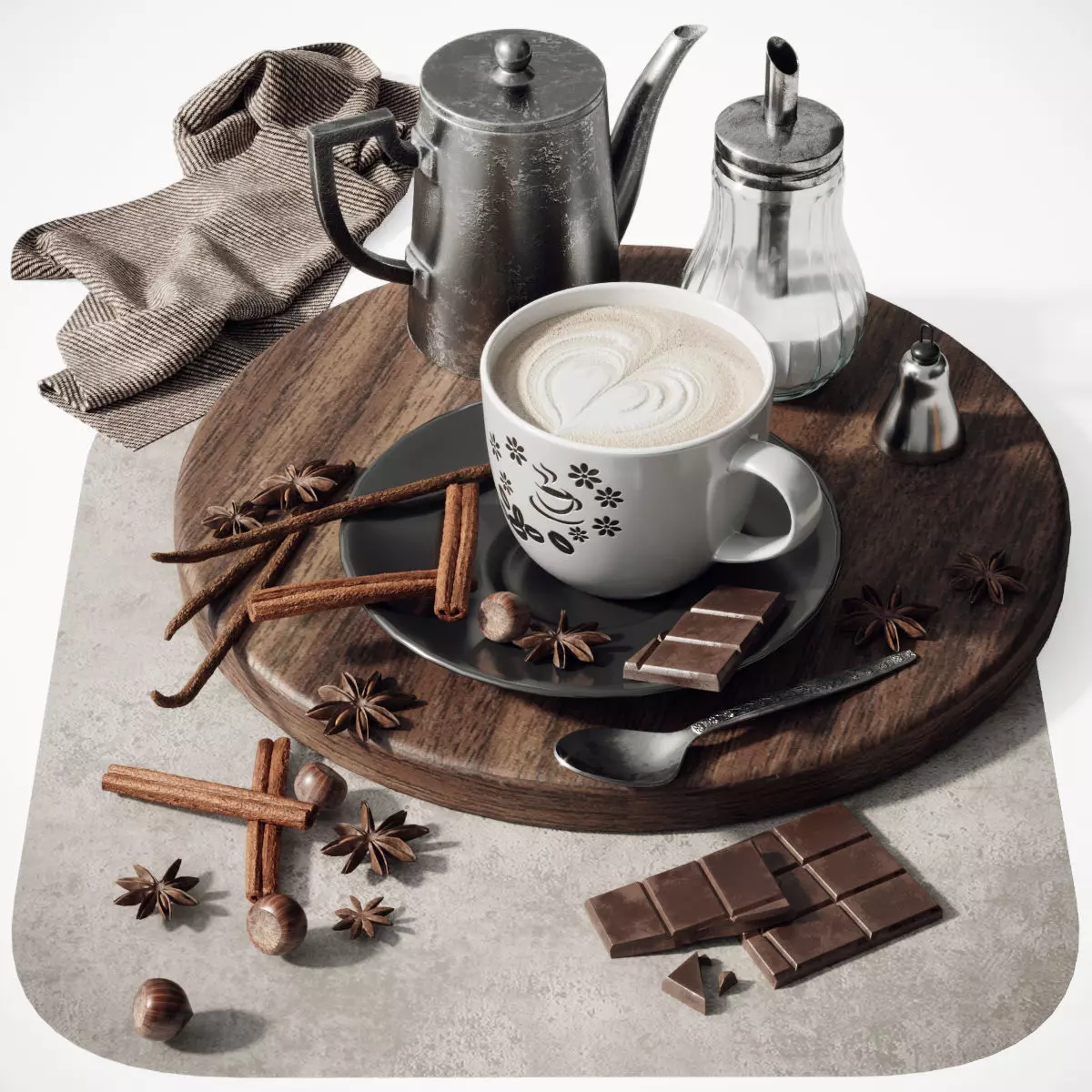 Coffee set 2 cup of on wooden tray 3D model_0