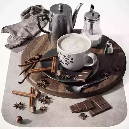 Coffee set 2 cup of on wooden tray 3D model