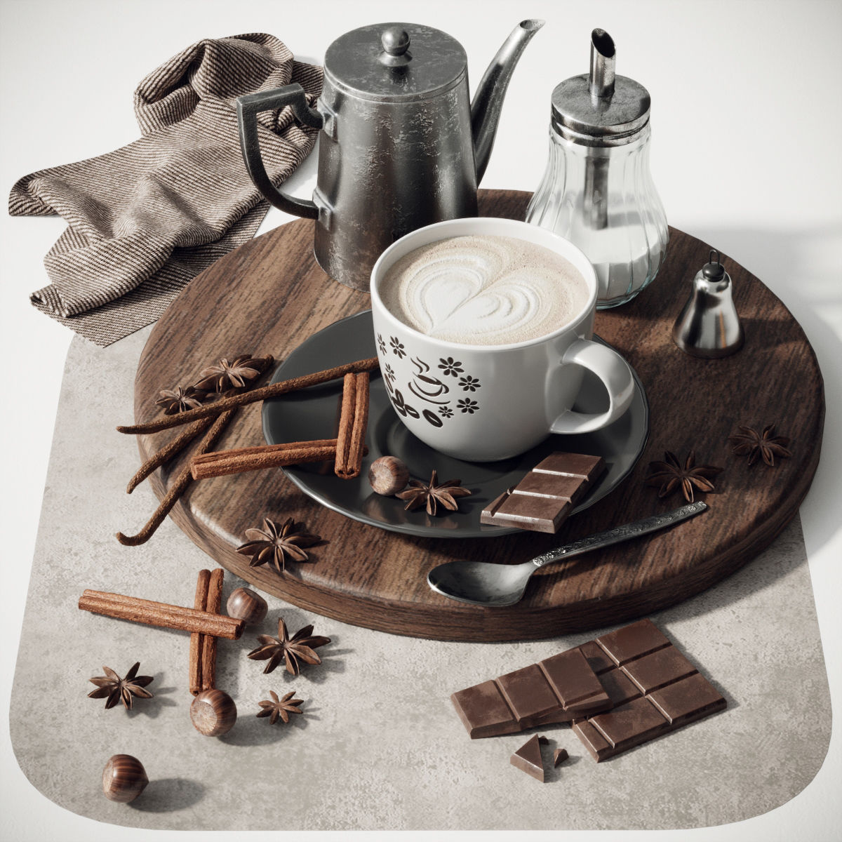Coffee set 2 cup of on wooden tray 3D model_1