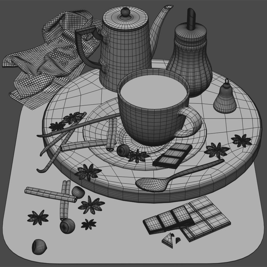 Coffee set 2 cup of on wooden tray 3D model_3