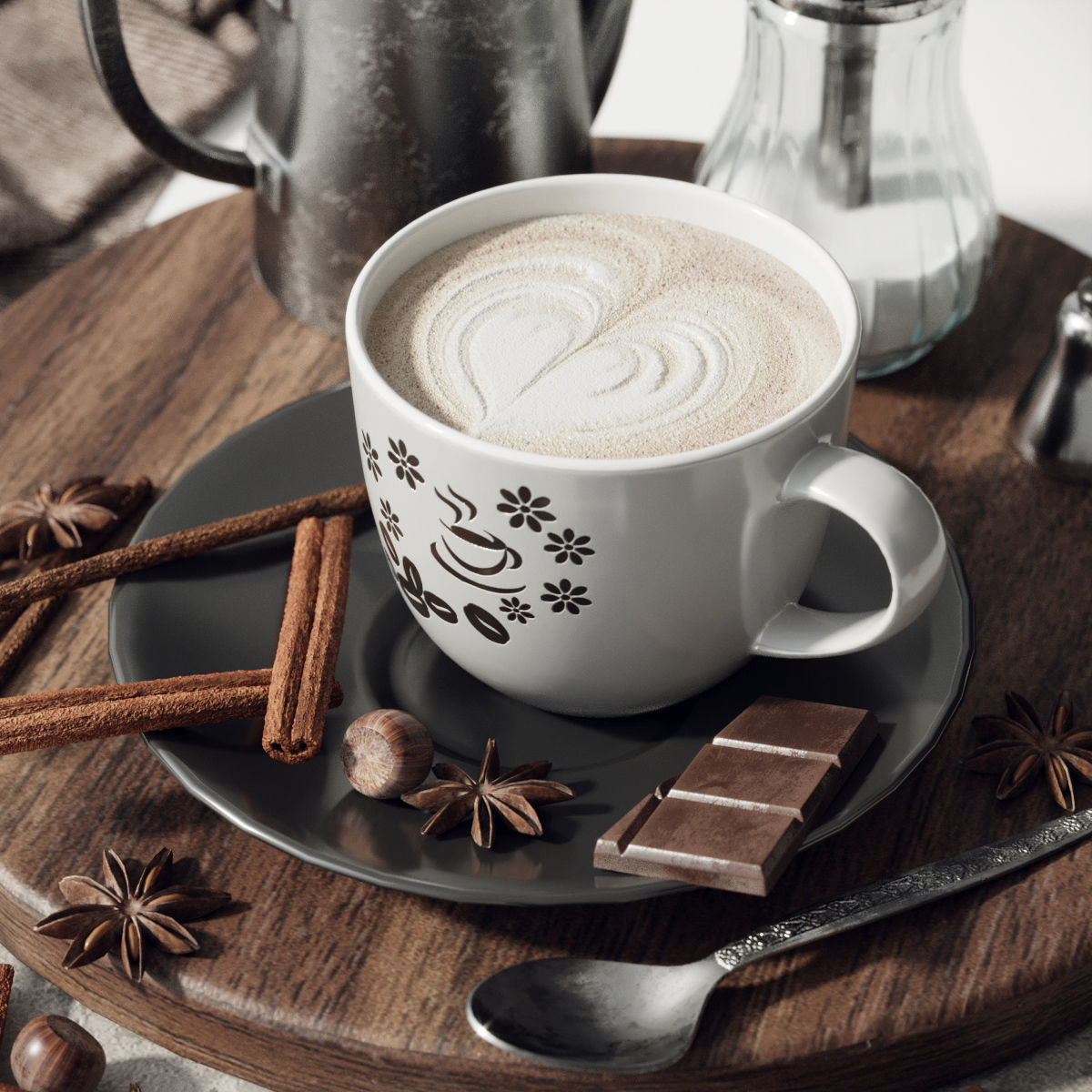 Coffee set 2 cup of on wooden tray 3D model_2