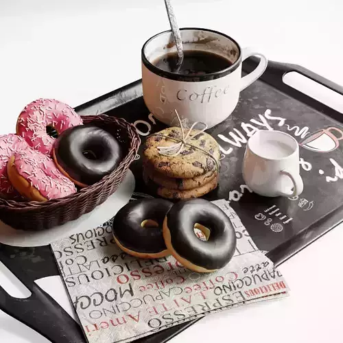 Coffee set tray with donuts and cup of 3D model