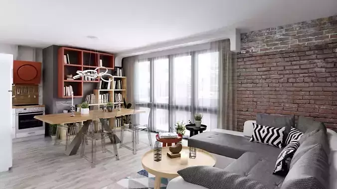 Loft apartment scene kichen and livingroom 3D model