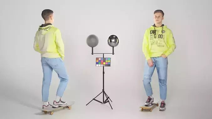 Young man in a neon hoodie on a skateboard 125