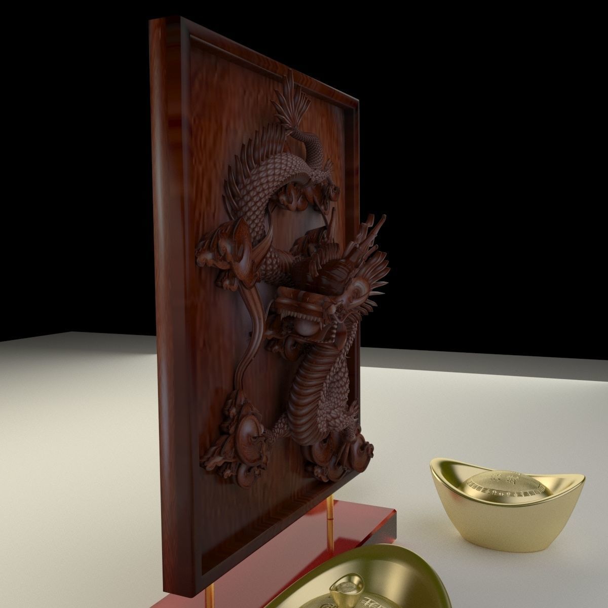 Chinese gold ingot with dragon pattern 3D model_4