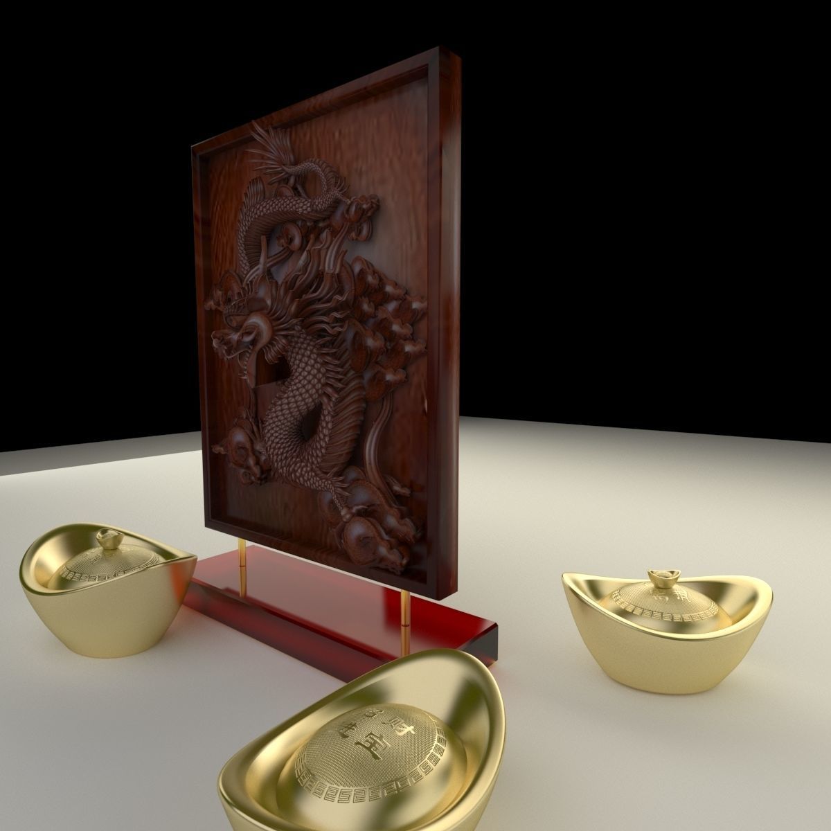 Chinese gold ingot with dragon pattern 3D model_1