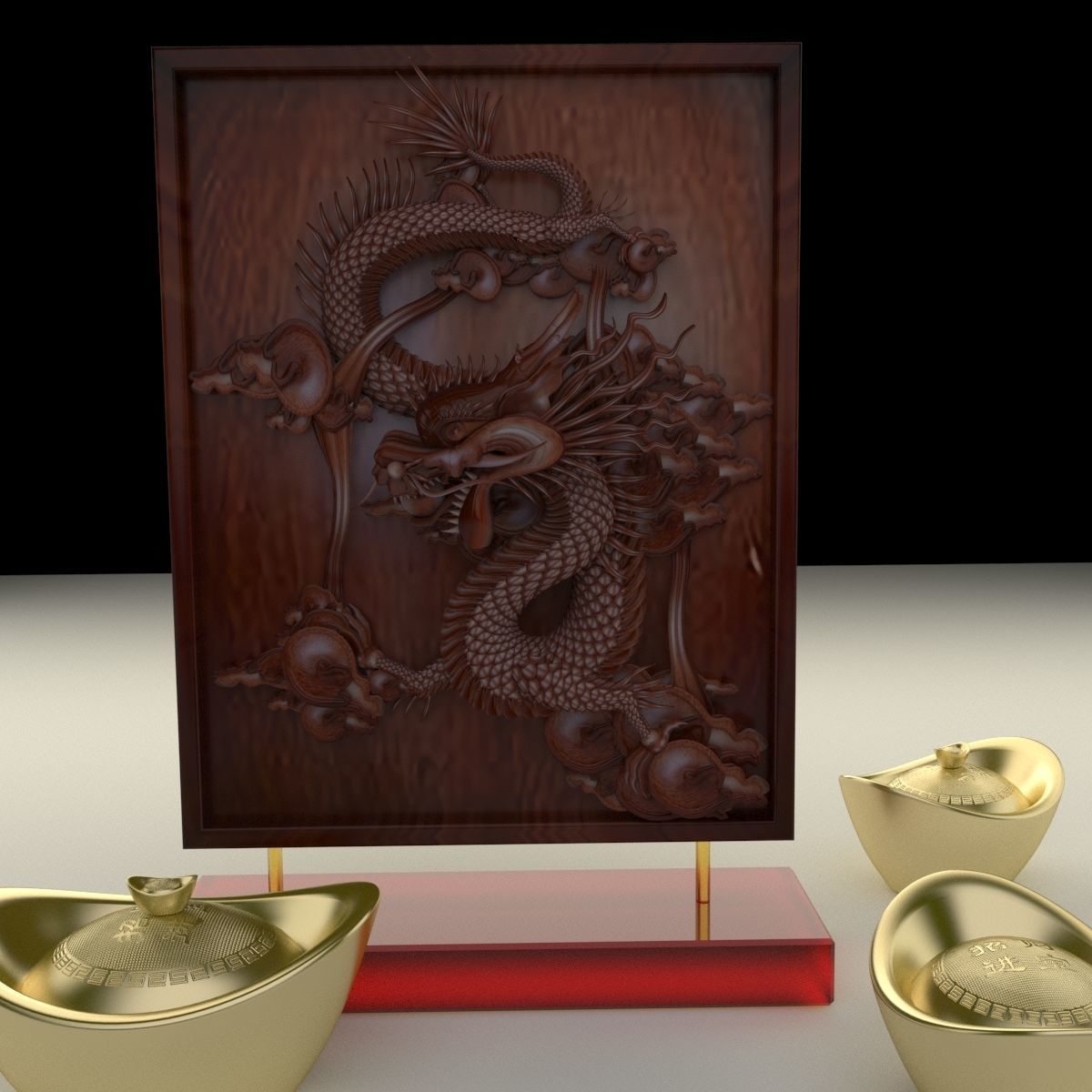 Chinese gold ingot with dragon pattern 3D model_3