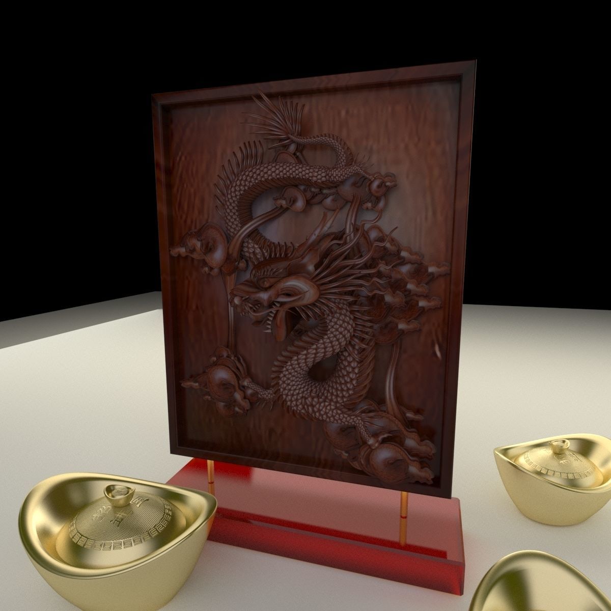 Chinese gold ingot with dragon pattern 3D model_2