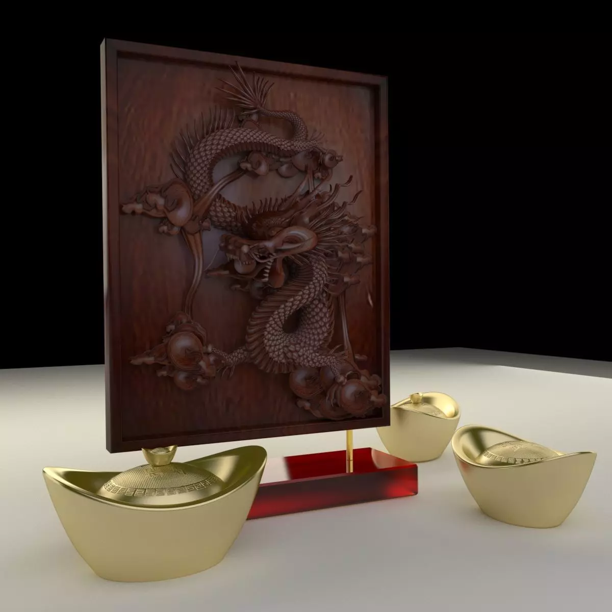 Chinese gold ingot with dragon pattern 3D model_0