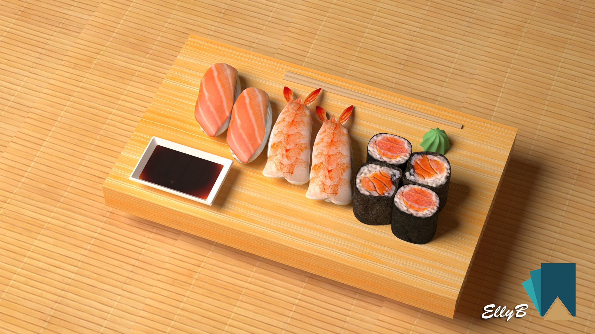 Sushi with chopsticks on wooden table 3D model_2