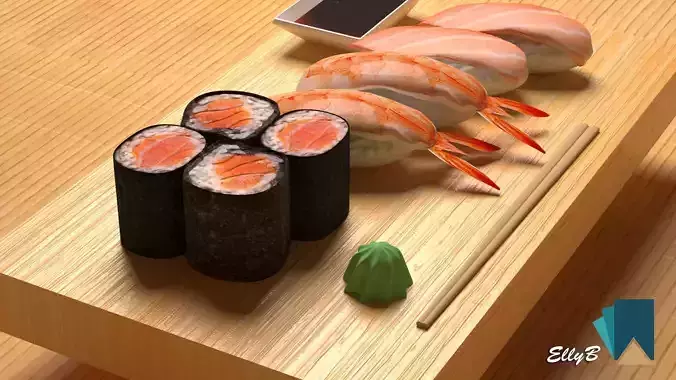 Sushi with chopsticks on wooden table 3D model