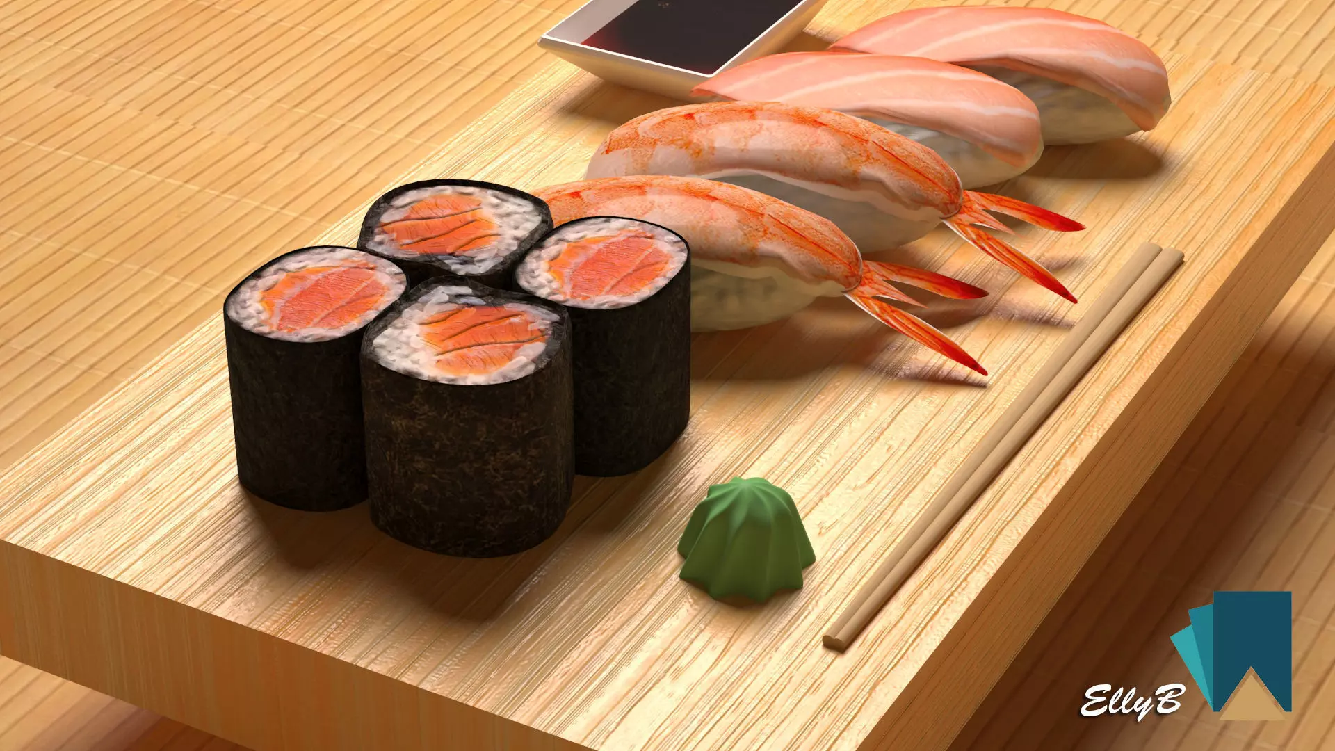 Sushi with chopsticks on wooden table 3D model_0