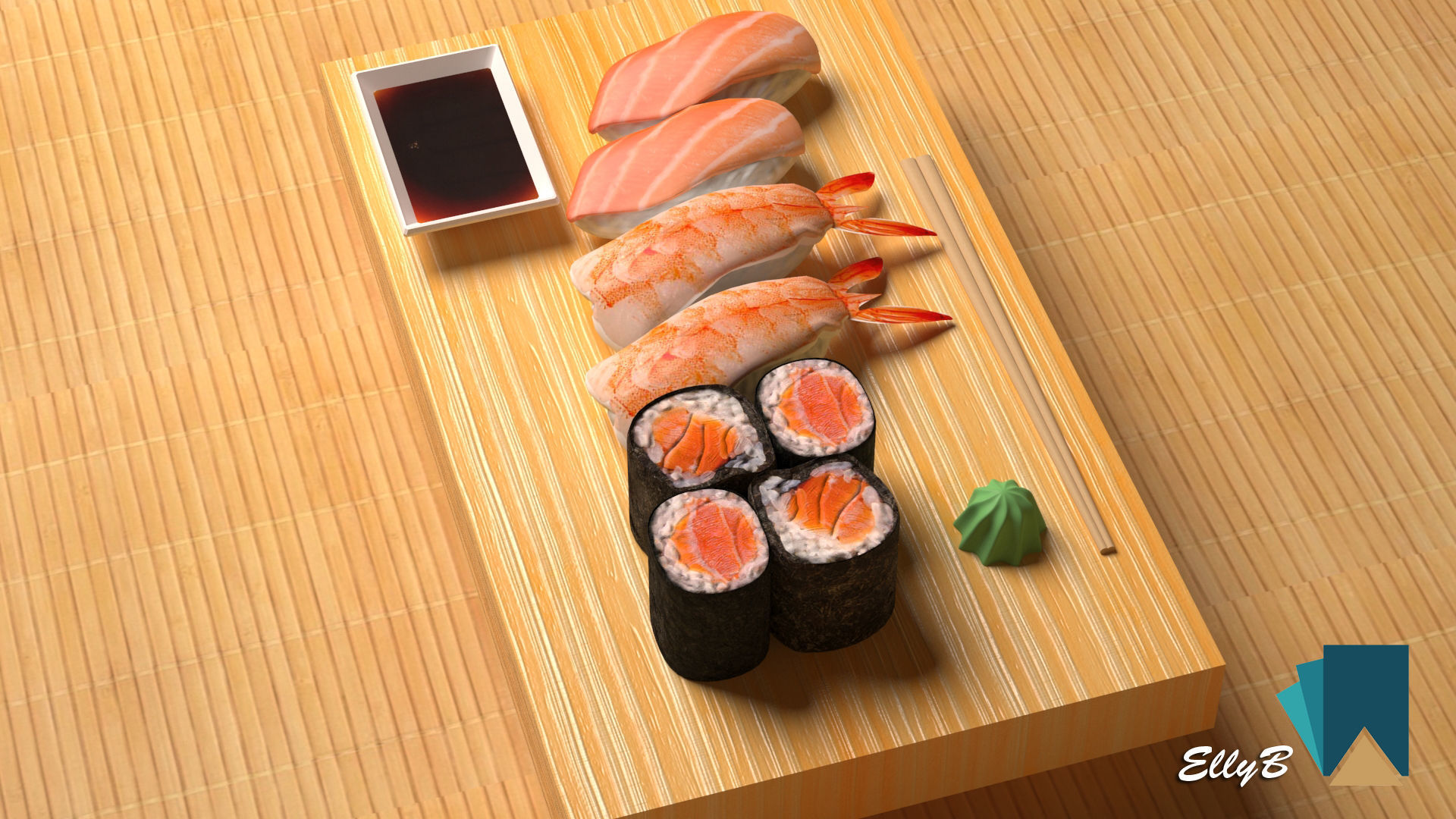 Sushi with chopsticks on wooden table 3D model_3