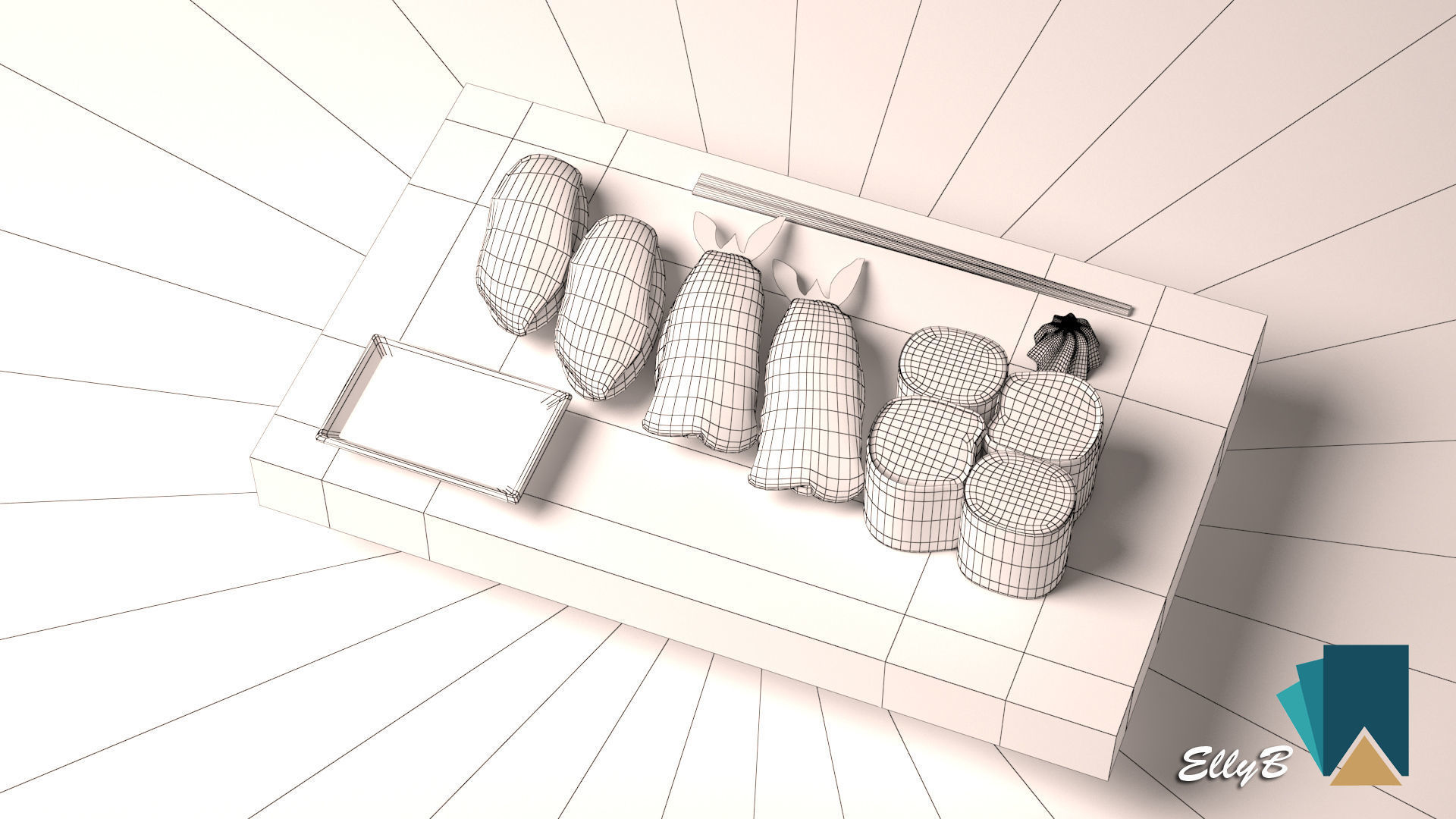 Sushi with chopsticks on wooden table 3D model_6