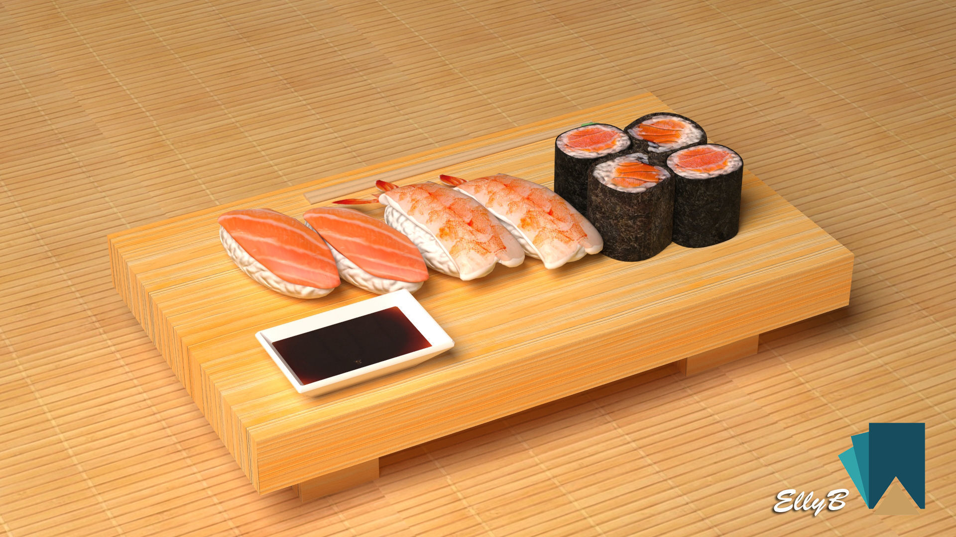 Sushi with chopsticks on wooden table 3D model_4