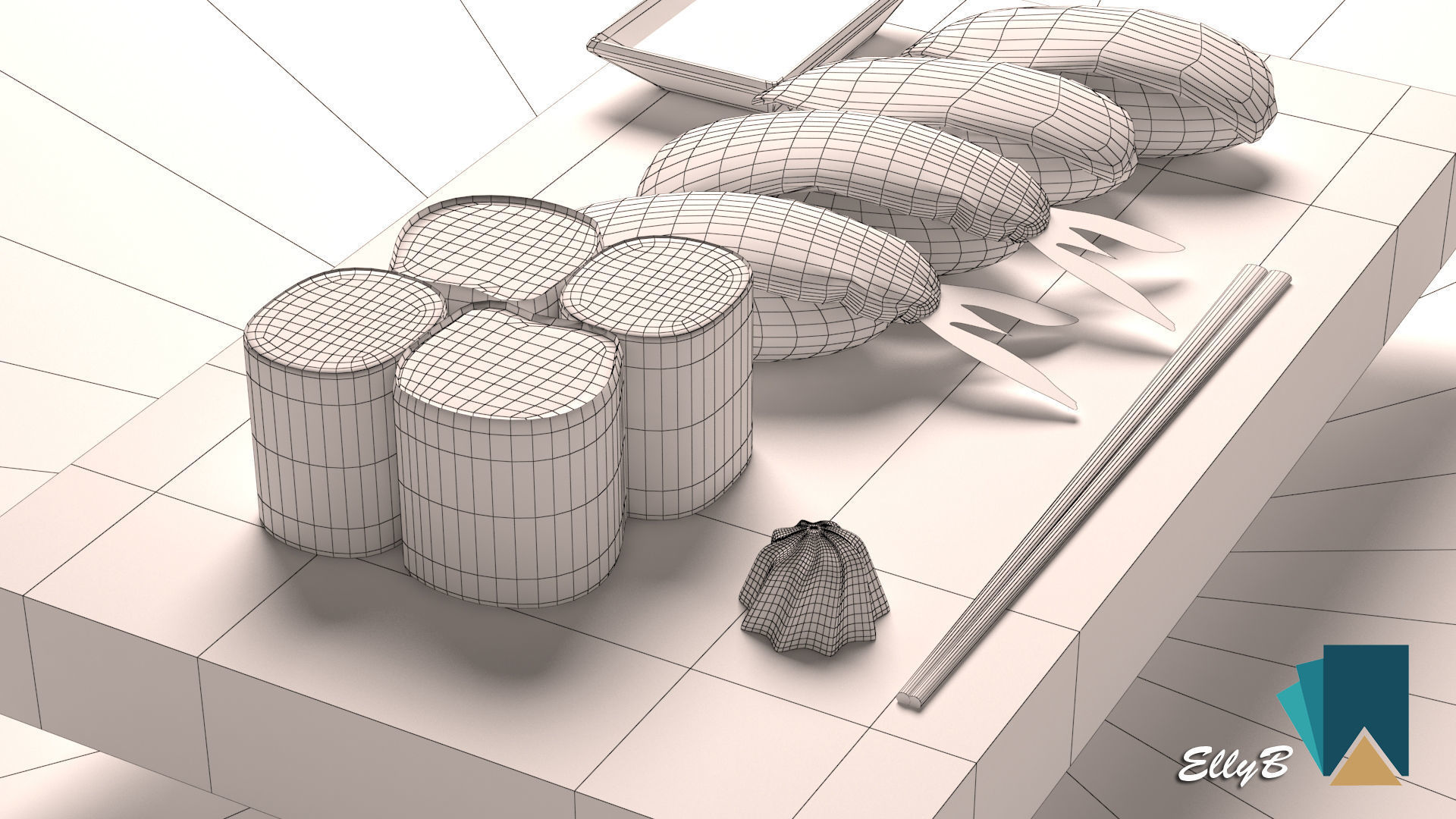 Sushi with chopsticks on wooden table 3D model_5