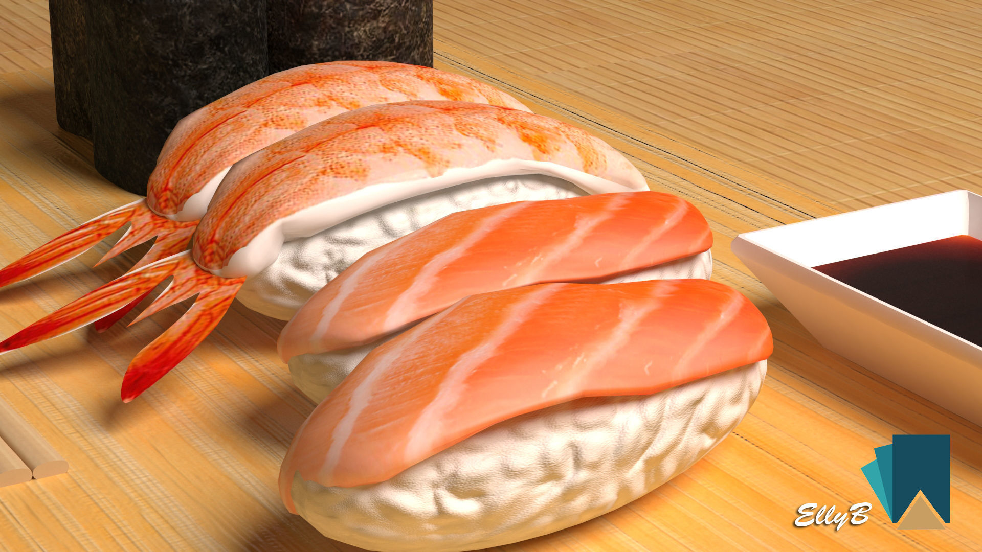 Sushi with chopsticks on wooden table 3D model_1