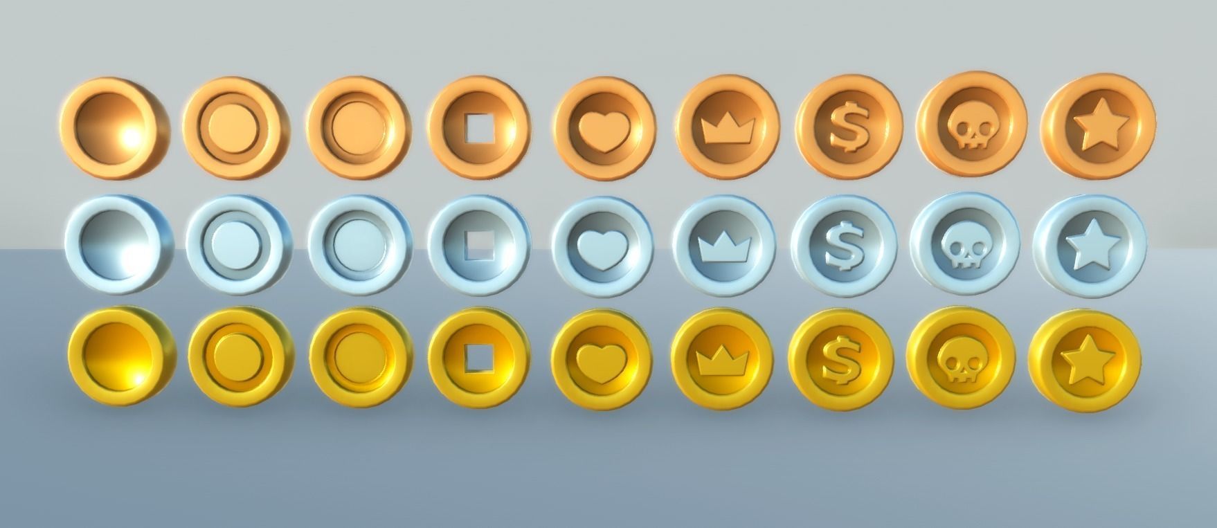 Coins PBR group of colorful buttons Low-poly 3D model_1