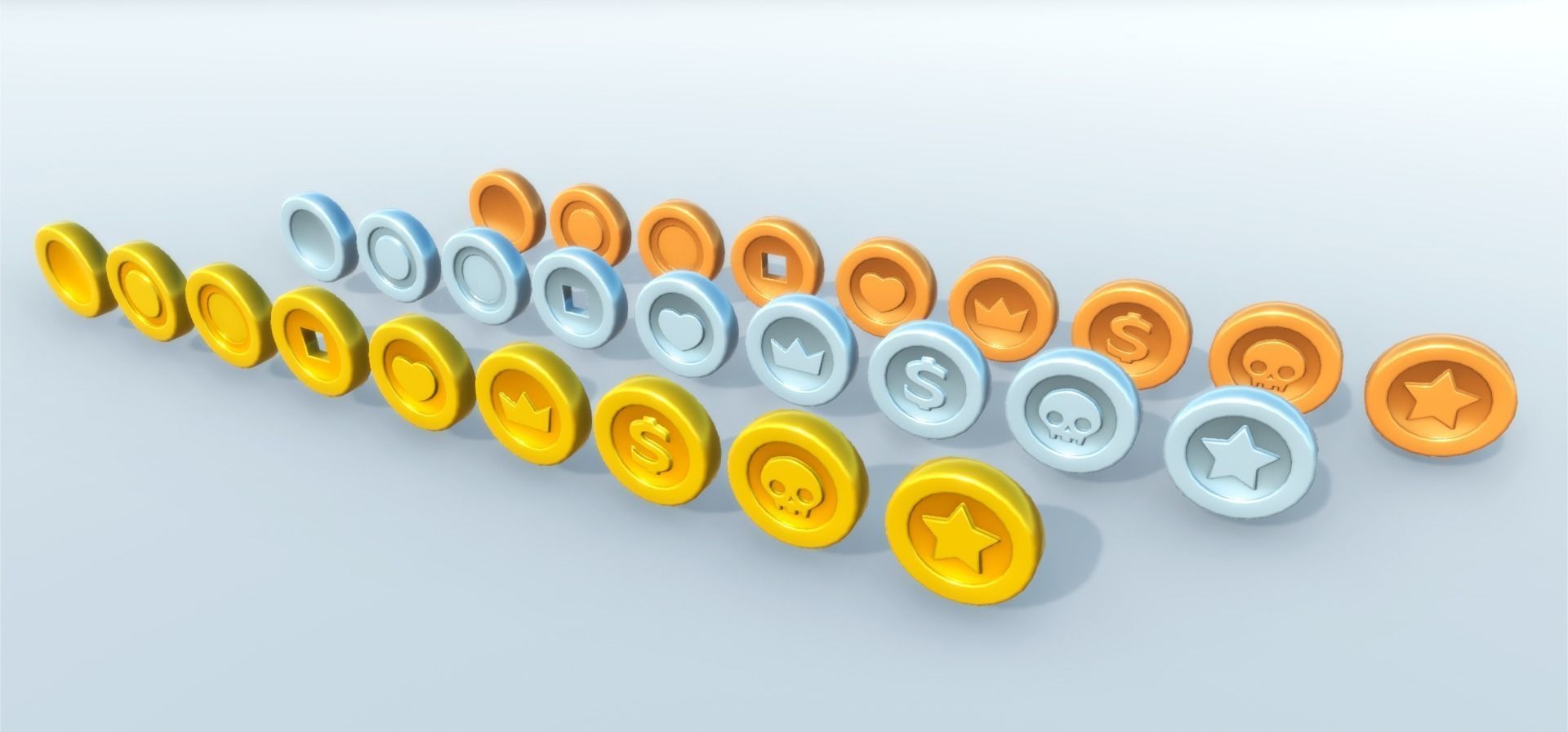 Coins PBR group of colorful buttons Low-poly 3D model_2