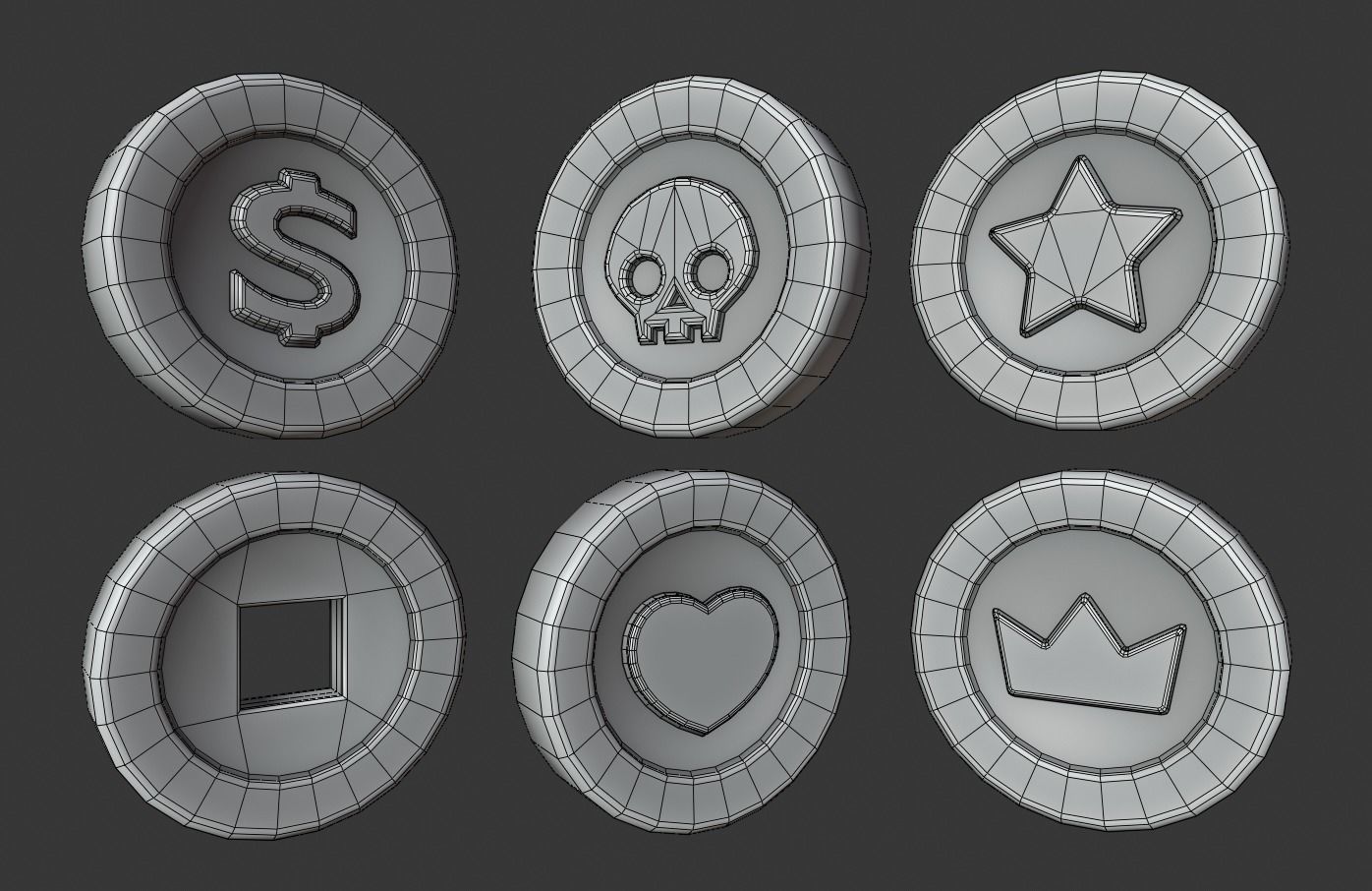 Coins PBR group of colorful buttons Low-poly 3D model_5