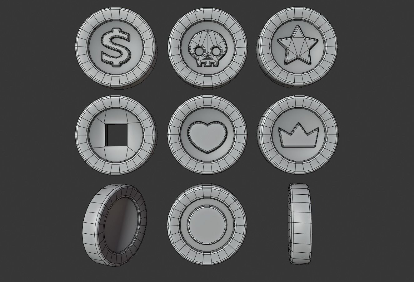 Coins PBR group of colorful buttons Low-poly 3D model_4