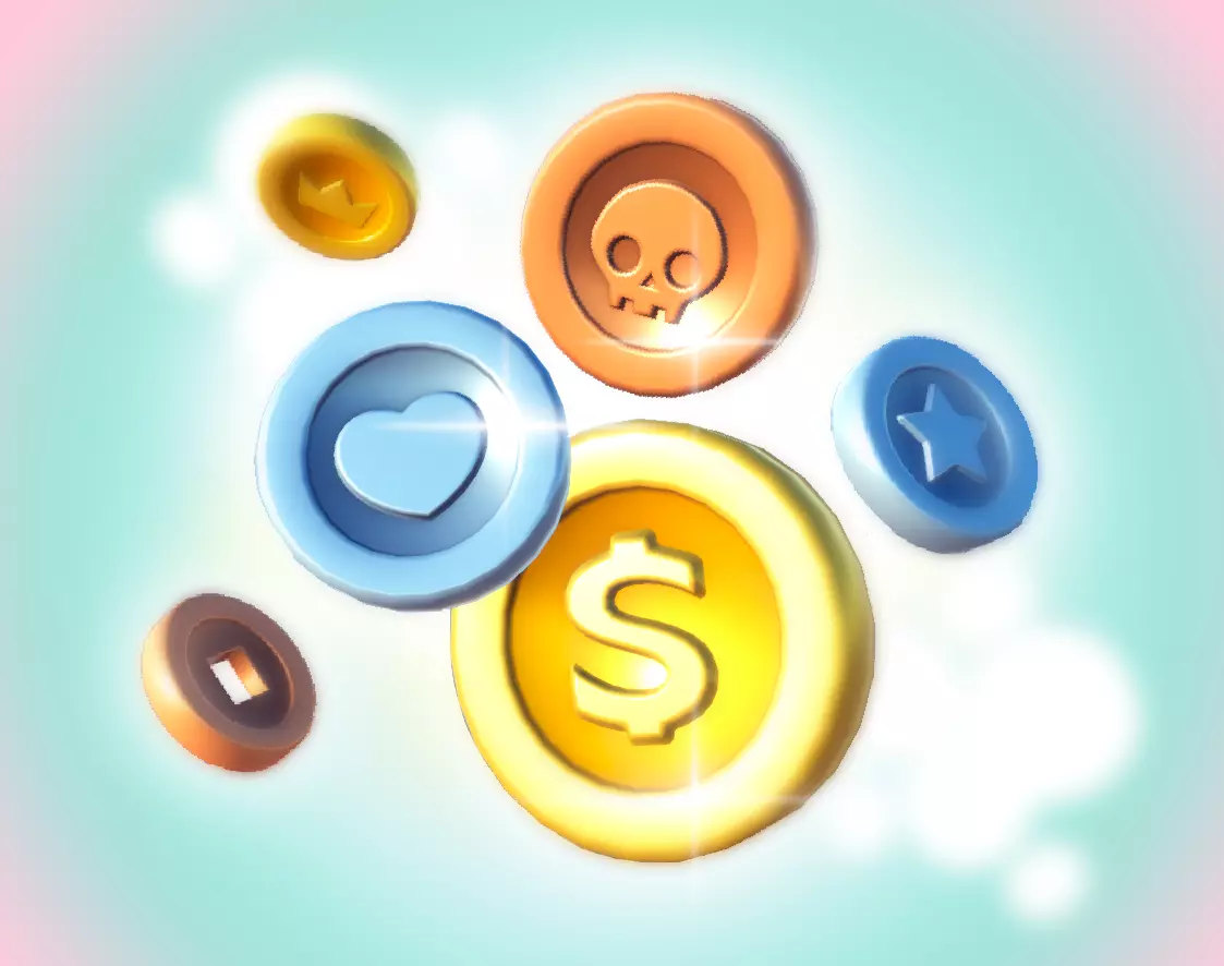 Coins PBR group of colorful buttons Low-poly 3D model_0