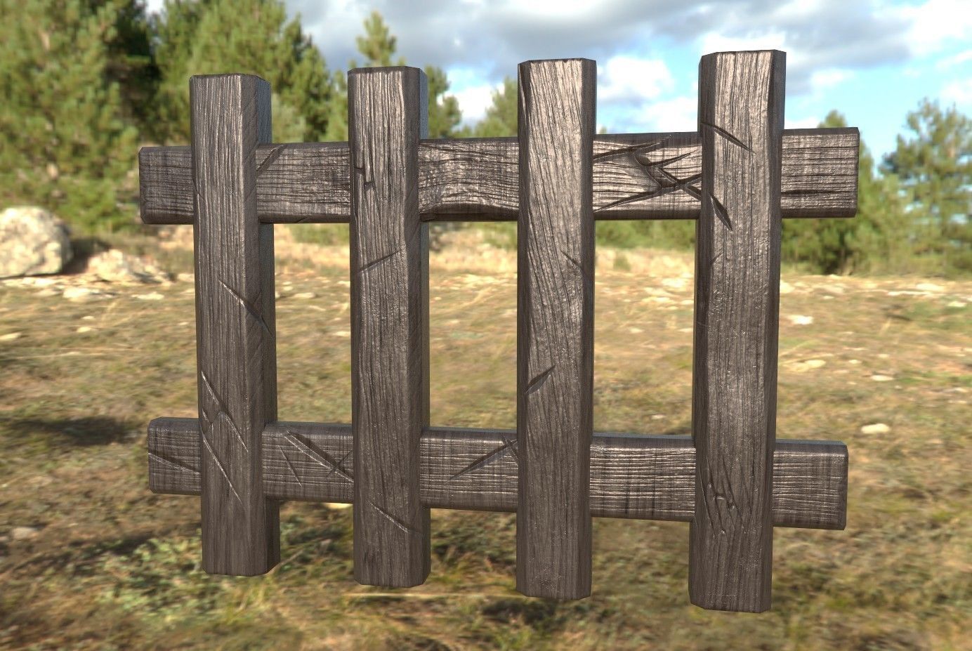Low poly realistic Fence wooden in middle of field Low-poly 3D model_3