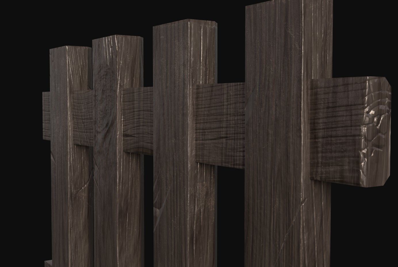 Low poly realistic Fence wooden in middle of field Low-poly 3D model_2