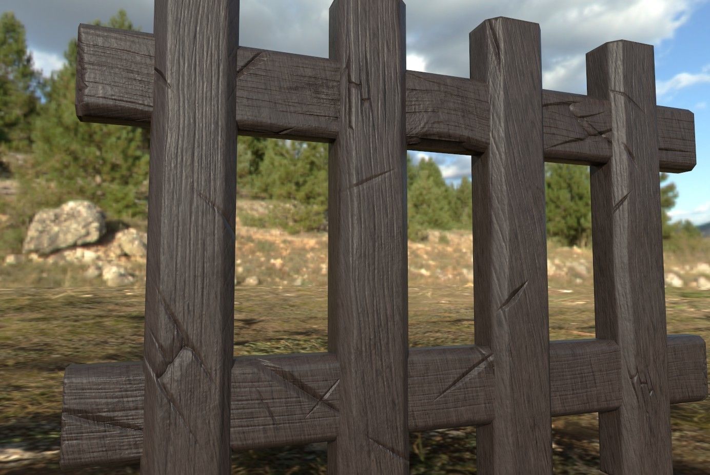 Low poly realistic Fence wooden in middle of field Low-poly 3D model_4