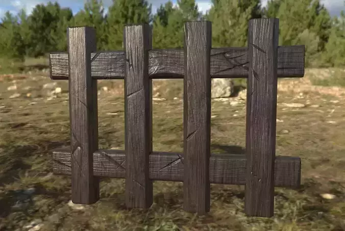 Low poly realistic Fence wooden in middle of field