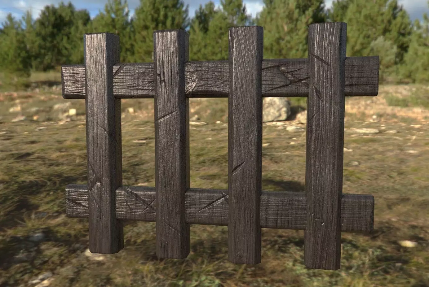Low poly realistic Fence wooden in middle of field Low-poly 3D model_0