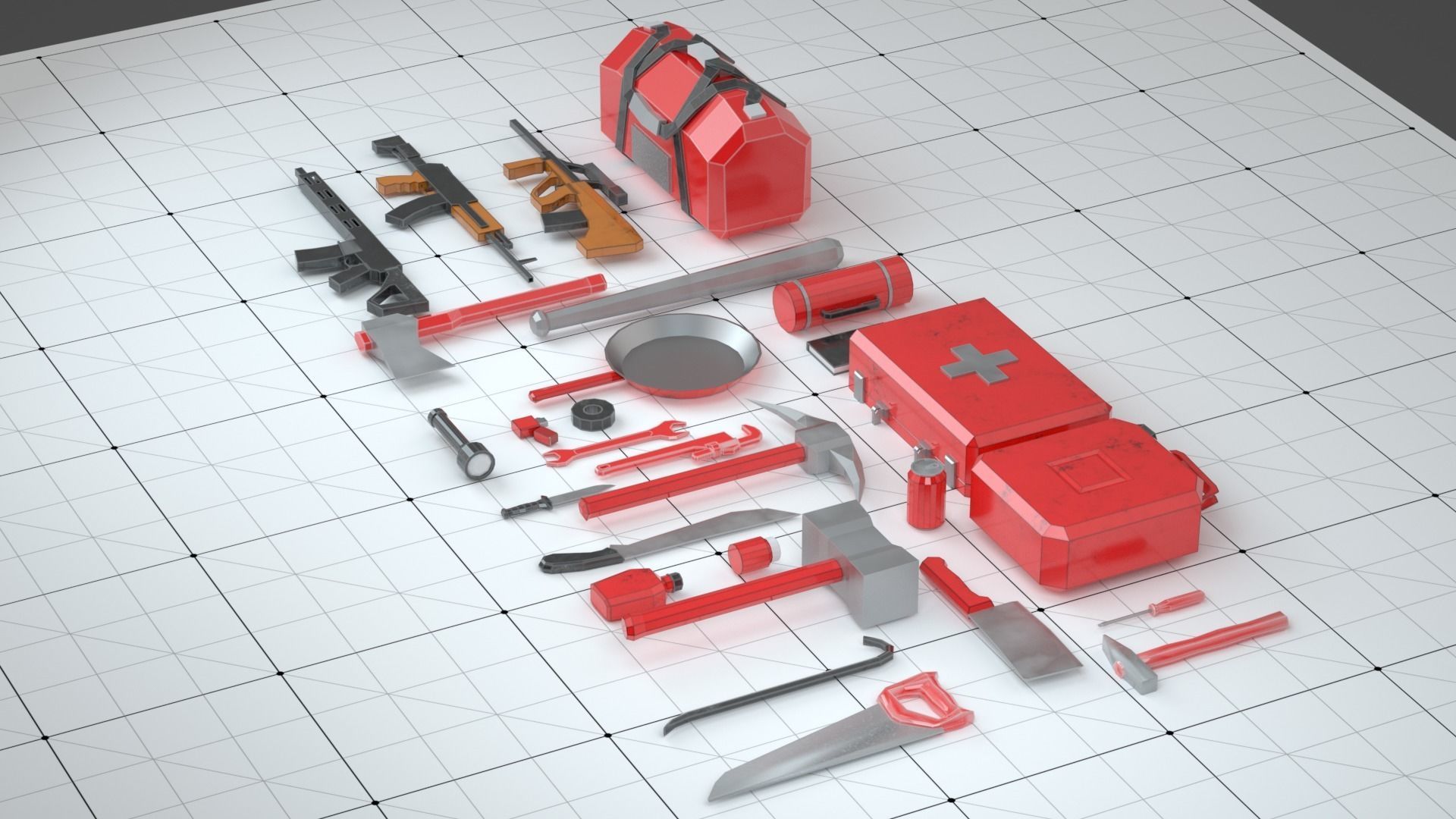Survival Kit Tools Weapons and Equipment Low-poly 3D model_2