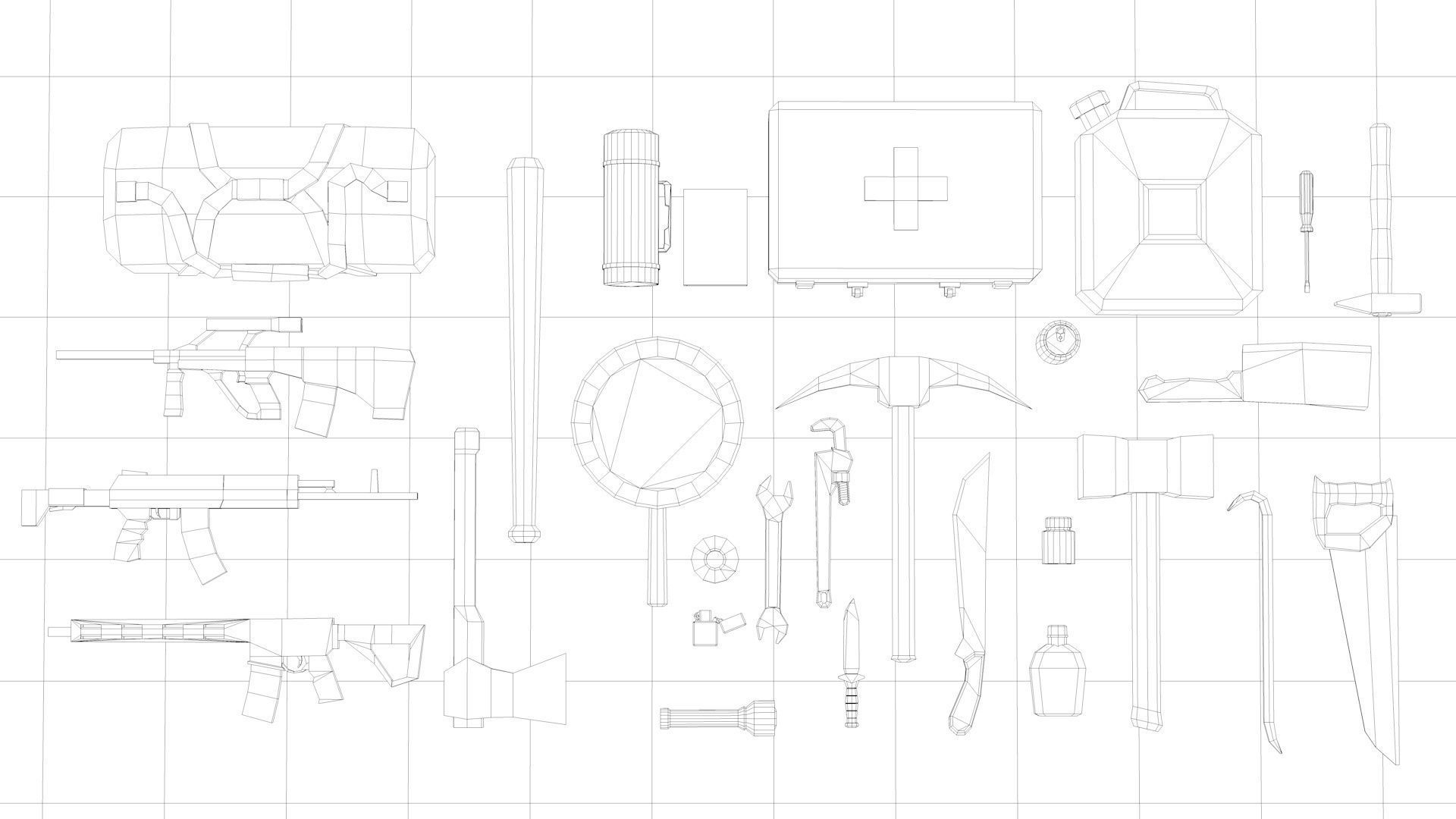 Survival Kit Tools Weapons and Equipment Low-poly 3D model_6