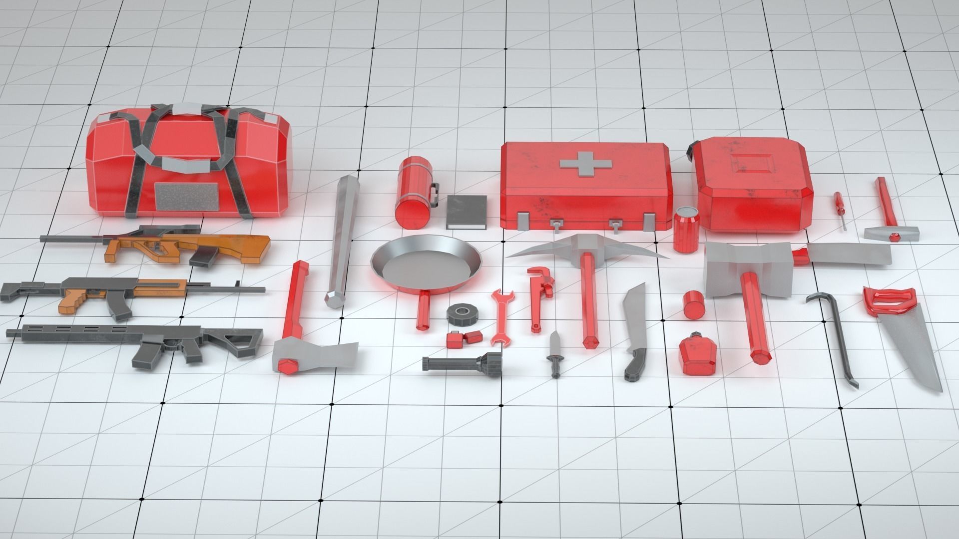 Survival Kit Tools Weapons and Equipment Low-poly 3D model_1