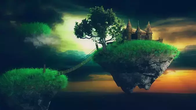 Land of Mysteries Complete Scene Floating Islands and Castle Low-poly 3D model