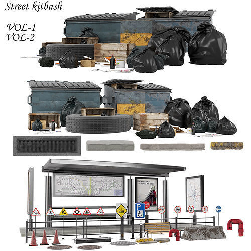 Street kitbash Low-poly 3D model
