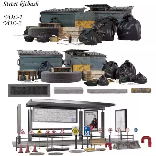 Street kitbash Low-poly 3D model