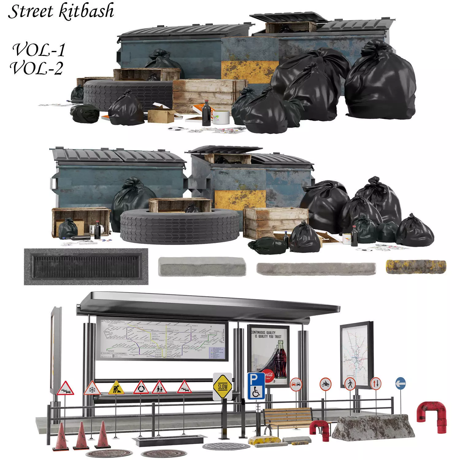 Street kitbash Low-poly 3D model_0