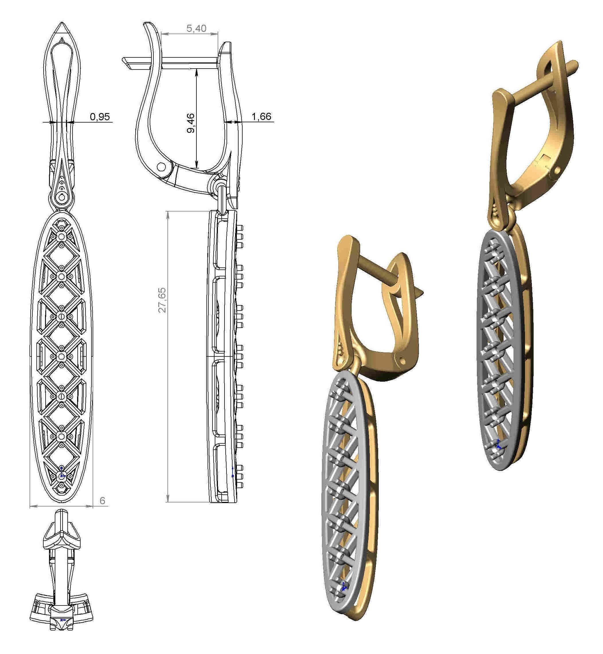 Earrings gold diamond drop 3D print model_7