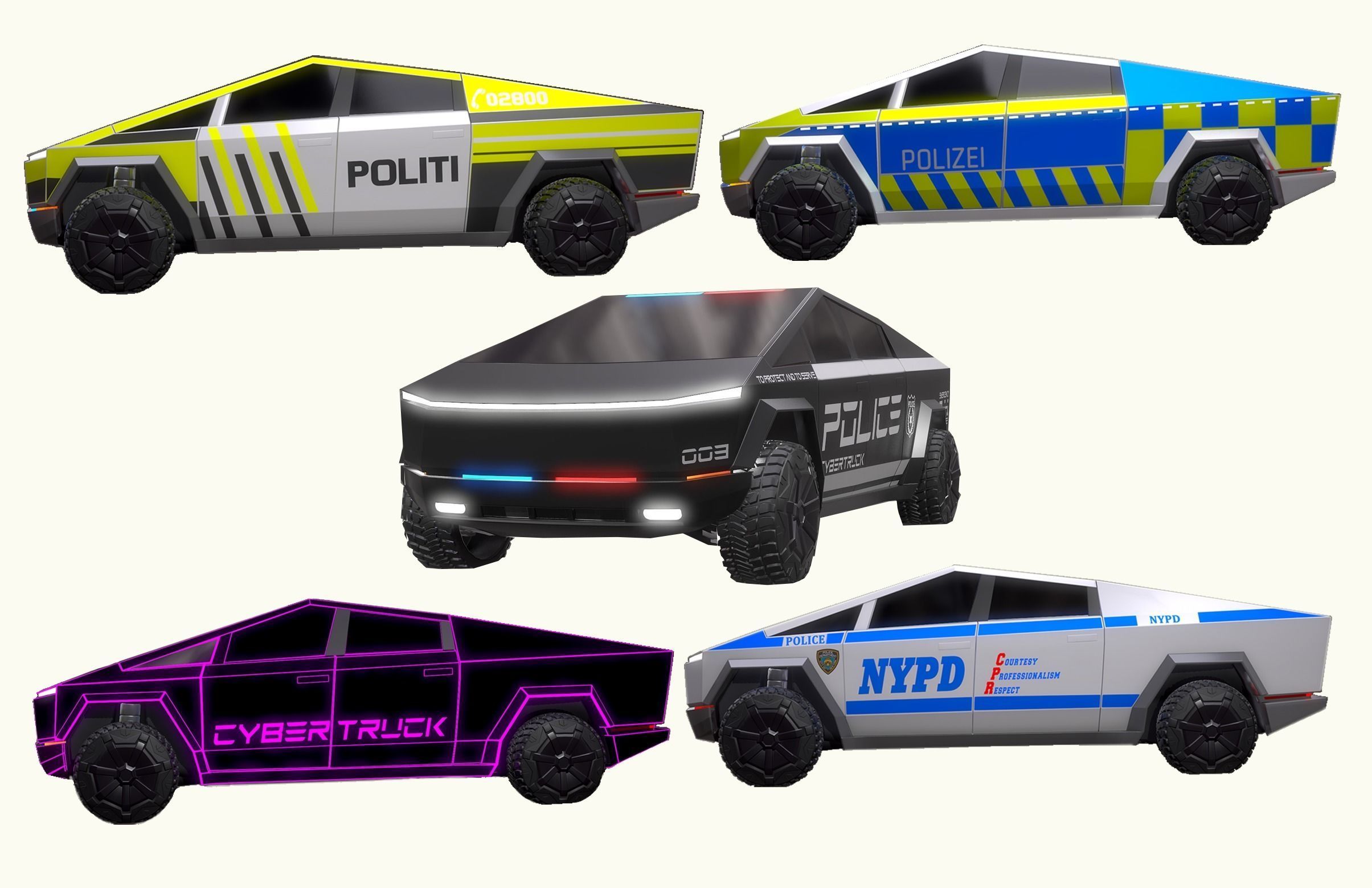 Tesla Cybertruck Police Pack 5 assets  Low-poly 3D model_0