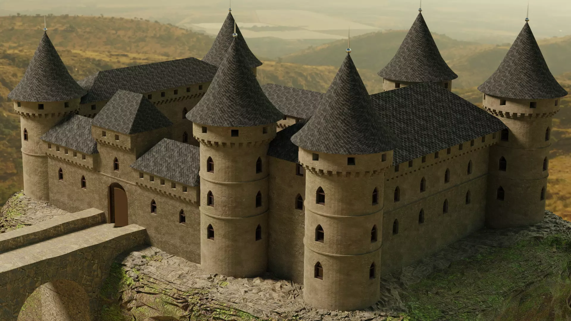 Castle stone tower with window 3D model_0