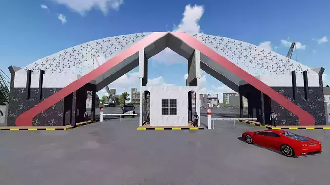 Gate entrance to parking lot Low-poly 3D model
